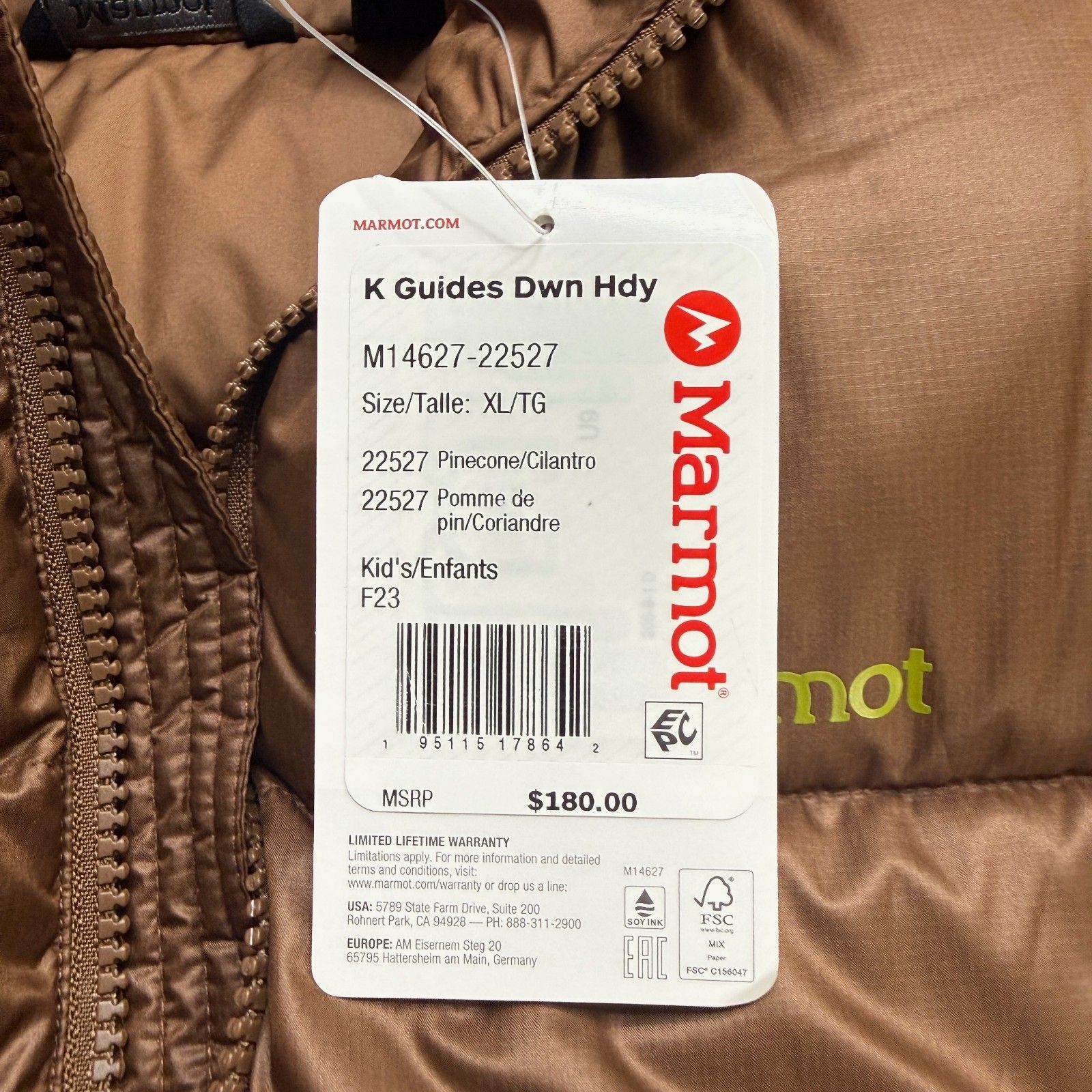 Marmot Guide Down Hoody Kids Xl Green Brown 700-Fill Insulated Coat — image 7 of 8